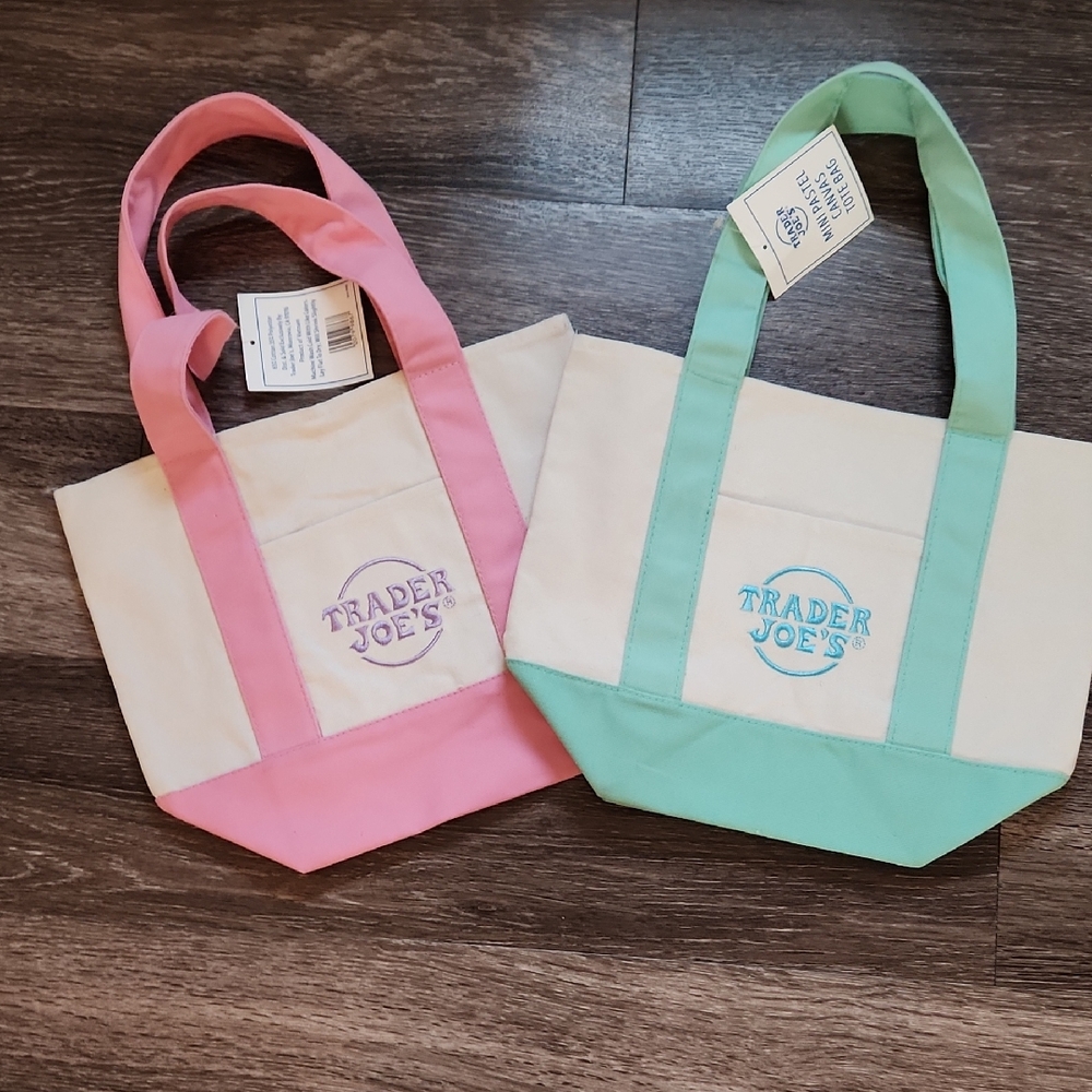 Trader Joe's Mini Canvas Pink and Green Tote Bag Set